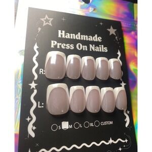 Pink Chrome French Tip PressOn Nails Medium Short Coquette Aesthetic Handpainted